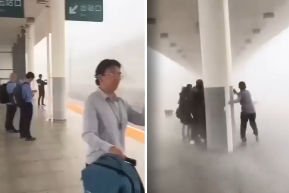Diese Menschen wurden auf dem Bahnsteig vom Sturm überrascht. Hilflos müssen sie mitansehen, wie der Taifun ihr Gepäck erfasst.