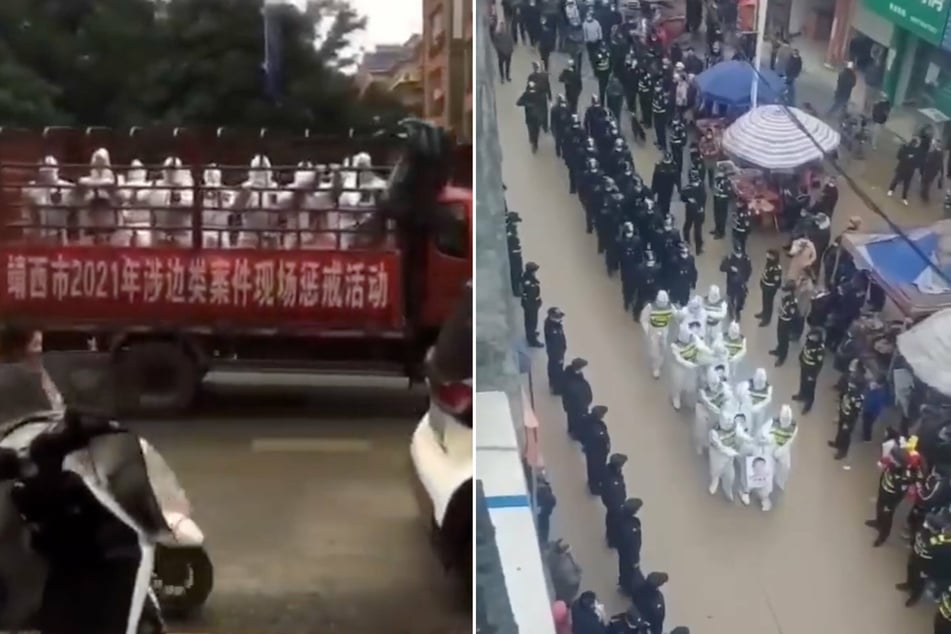 A social media video shows people in white hazmat suits being paraded through town.