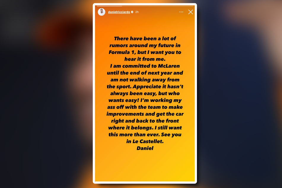 Daniel Ricciardo (33) veröffentlichte das Statement in seiner Instagram-Story.