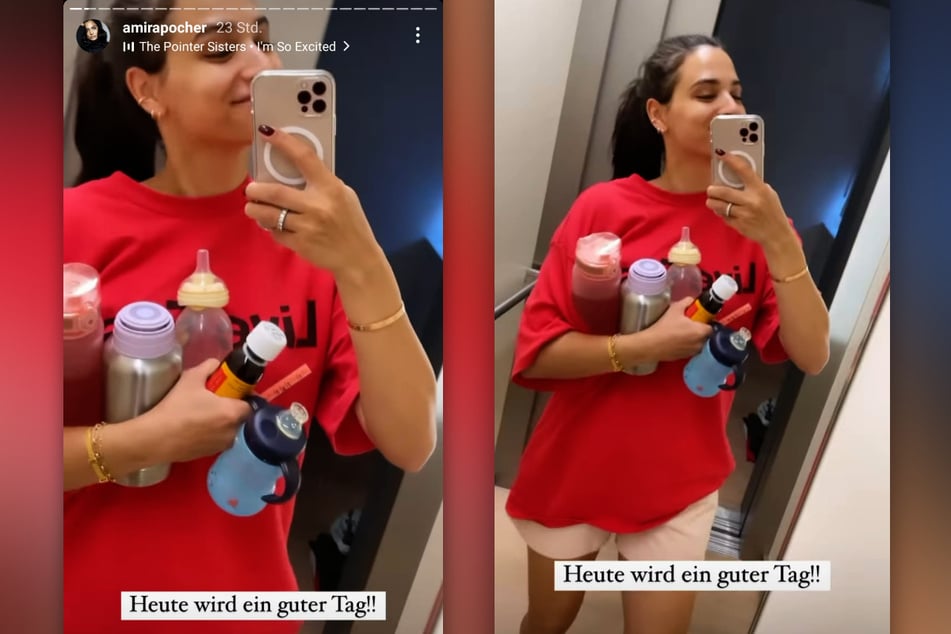 Amira Pocher (28) meldet sich in Schlabber-Klamotten und vollbeladen mit Baby-Utensilien aus dem Aufzug. (Fotomontage)