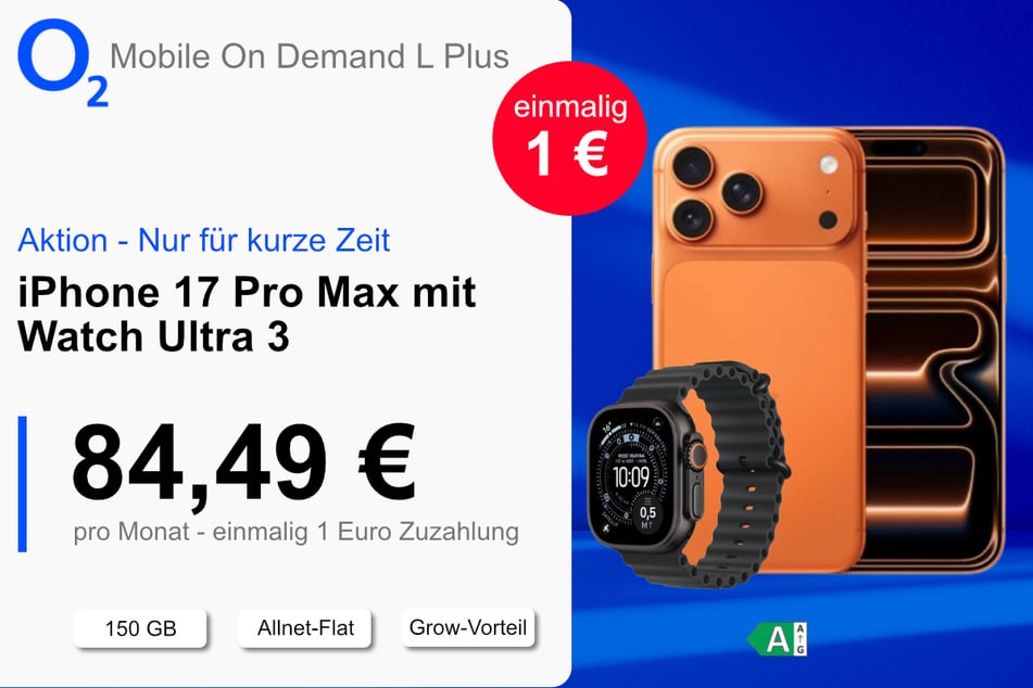 Das iPhone 17 Pro Max mit Watch Ultra 3 und 150 GB Daten für einmalig nur 1 Euro bei o2.