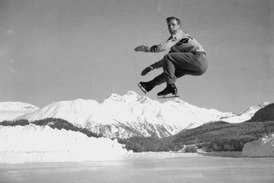 Richard Button während eines Trainings in St. Moritz in Vorbereitung auf die Olympischen Winterspiele von 1948.