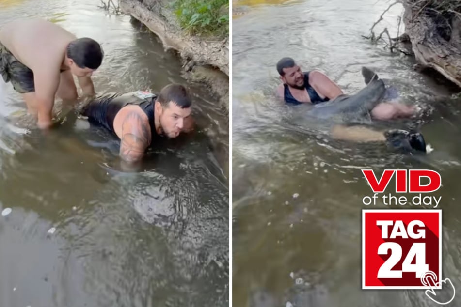This fisherman vanished into a riverbank hole and came back with a massive catfish!