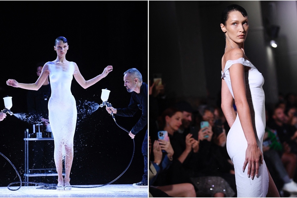 Bella Hadid turned heads when she debuted white a spray-painted dress at Paris Fashion Week on the runway.