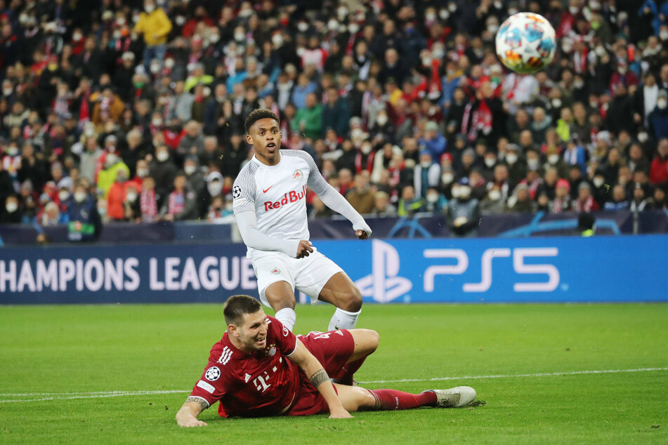 Chukwubuike Adamu watches his shot fly into the Bayern net as Red Bull Salzburg take the lead.