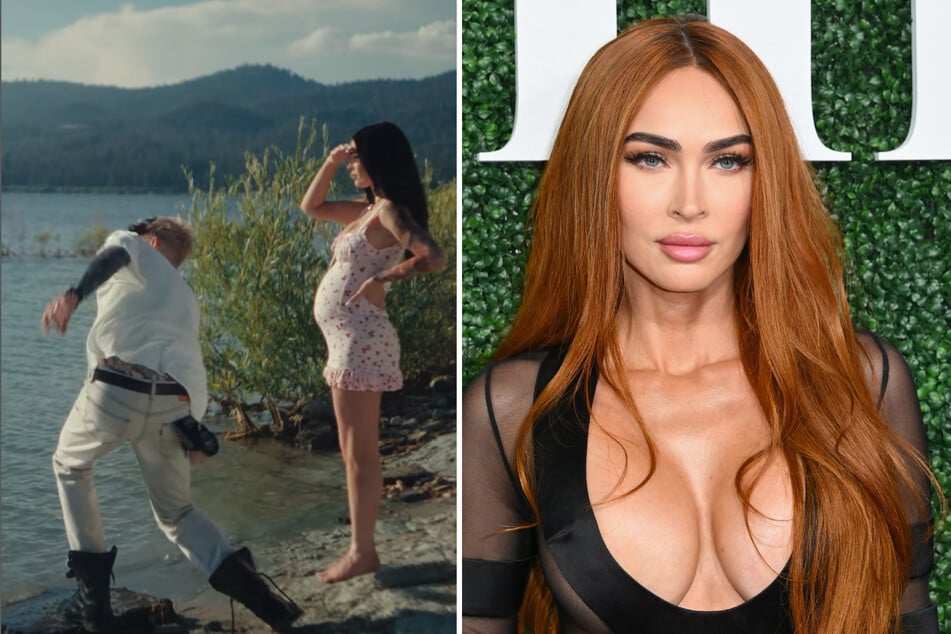 Megan Fox shocked fans by bearing a baby bump in the newest music video from her on-and-off beau Machine Gun Kelly (l.) – but is she actually expecting?