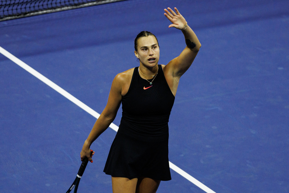 Aryna Sabalenka of Belarus celebrates her victory over Emma Navarro of the United States during their US Open semi-final.