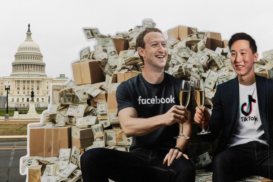 An installation against Big Tech, featuring Meta CEO Mark Zuckerberg (l.) and TikTok CEO Shou Zi Chew is displayed outside the US Capitol in Washington DC on January 31, 2024.