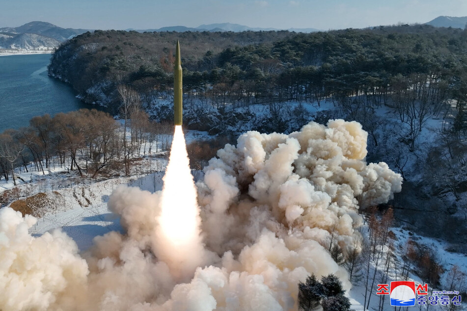 A ballistic missile, said to be solid-fuel and hypersonic, launches during a test at an unspecified location in North Korea.