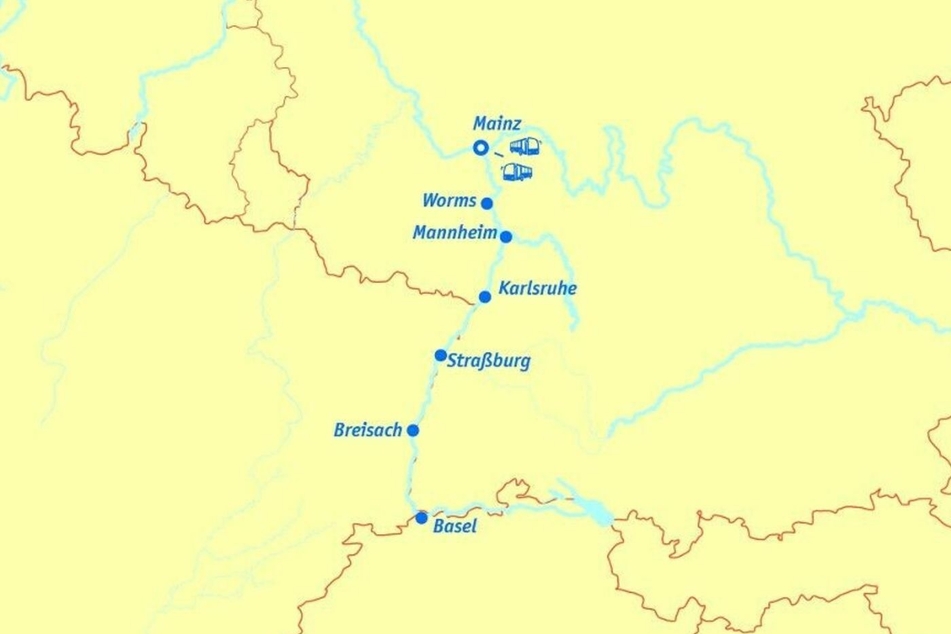 Eure Route mit geplanten Landausflügen für die Reise auf dem Rhein, nach Basel und zurück.