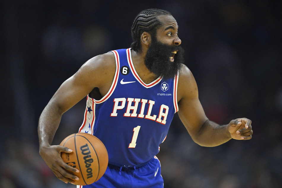 Philadelphia 76ers guard James Harden calls a play in the second quarter against the Cleveland Cavaliers at Rocket Mortgage FieldHouse on October 10, 2022.