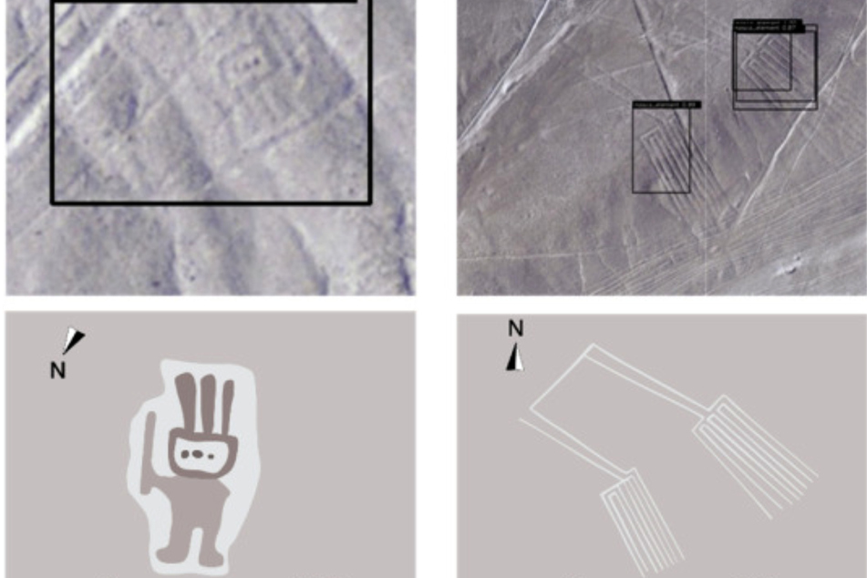 Aus den Bildaufnahmen (o.) konnte die KI die neuen Nazca-Linien ableiten. Links der "Humanoid", rechts ein Bein-Paar.