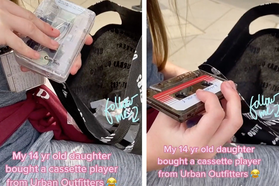 A TikTok user documented her Gen-Z daughter's failed attempt at opening a cassette tape (collage).