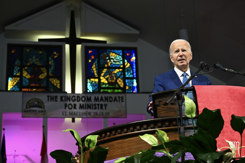 President Joe Biden speaks during a church service and campaign event at Mount Airy Church of God in Christ in Philadelphia, Pennsylvania, on Sunday.