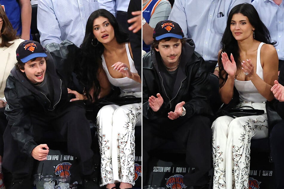 Kylie Jenner (r.) and Timothée Chalamet were spotted on celebrity row at the New York Knicks' playoff game on Tuesday.