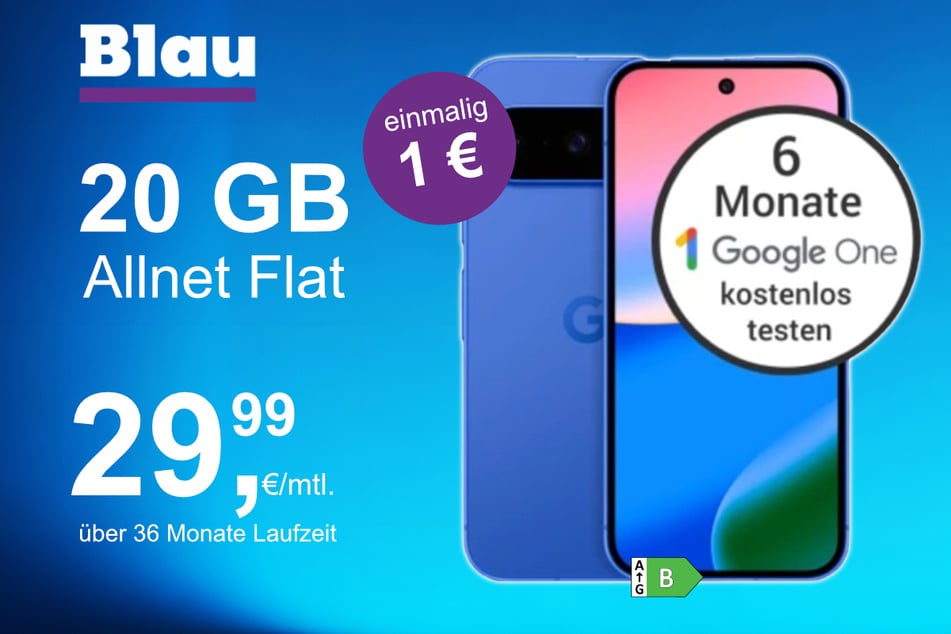 Das Google Pixel 10 im Blau Allnet M für einmalig 1 Euro.