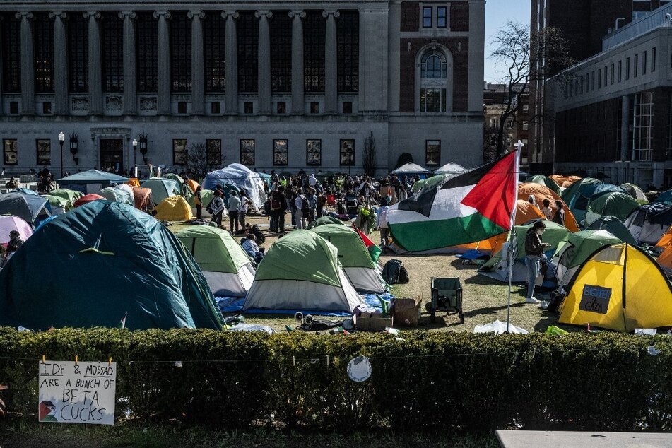 Columbia University students participate in an ongoing Gaza Solidarity Encampment on their campus following last week's arrest of more than 100 protesters.