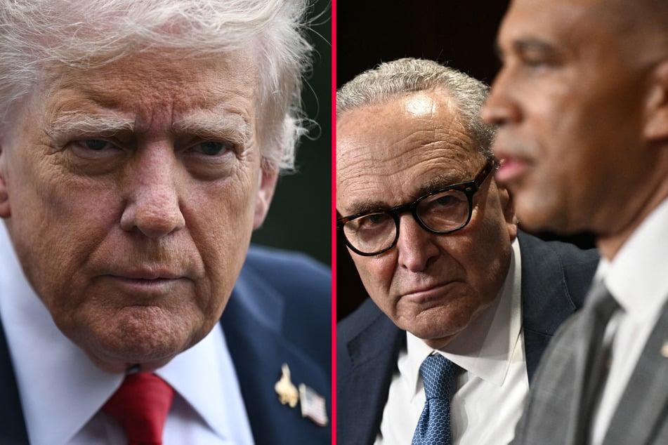 President Donald Trump (l.) trolled Senate Minority Leader Chuck Schumer and House Minority Leader Hakeem Jeffries (r.) with a bizarre AI-generated video.