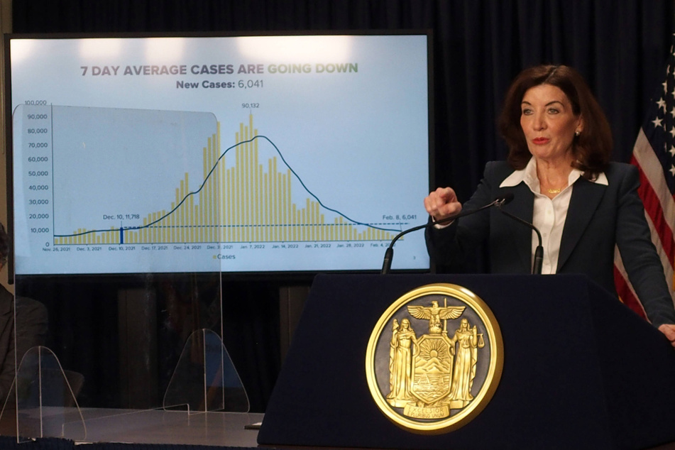 New York Gov. Kathy Hochul in a press conference to announce the lifting of the statewide business mask mandate effective Thursday February 10.