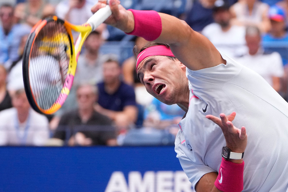 Rafael Nadal of Spain hits to Frances Tiafoe of the United States on day eight of the 2022 US Open.