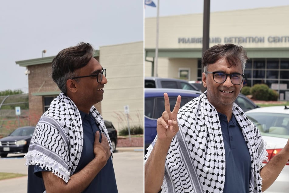 Dr. Badar Khan Suri is pictured wearing a keffiyeh upon his release from the Prairieland Detention Center in Alvarado, Texas.