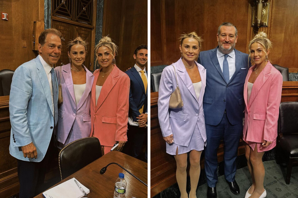 The Cavinder twins sat alongside notable figures such as Nick Saban (l.) and Senator Ted Cruz (second from r.) as they discussed the need to establish clear NIL guidelines.