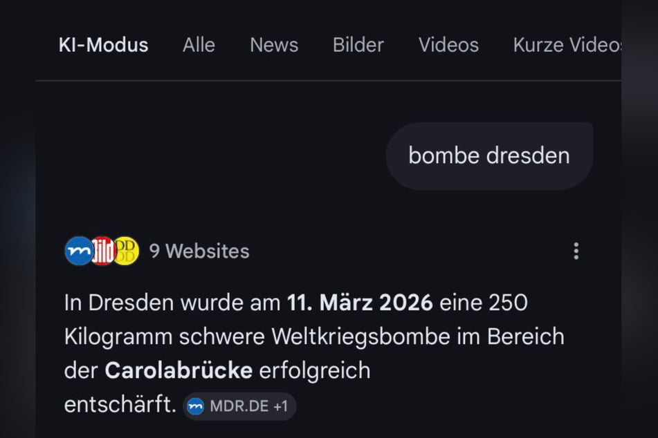 Die Google-KI vermeldet fälschlicherweise bereits die erfolgreiche Entschärfung der Bombe.