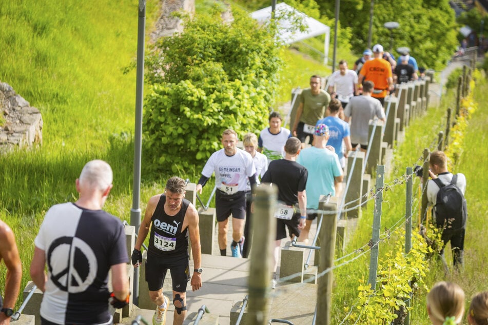 Beim Treppenmarathon an der Spitzhaustreppe in Radebeul kämpfen sich Teilnehmer Stufe für Stufe nach oben. (Archivfoto)
