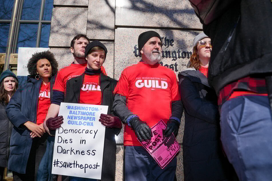 Union members and supporters gather at a "Save the Post" rally outside The Washington Post on February 5, 2026.