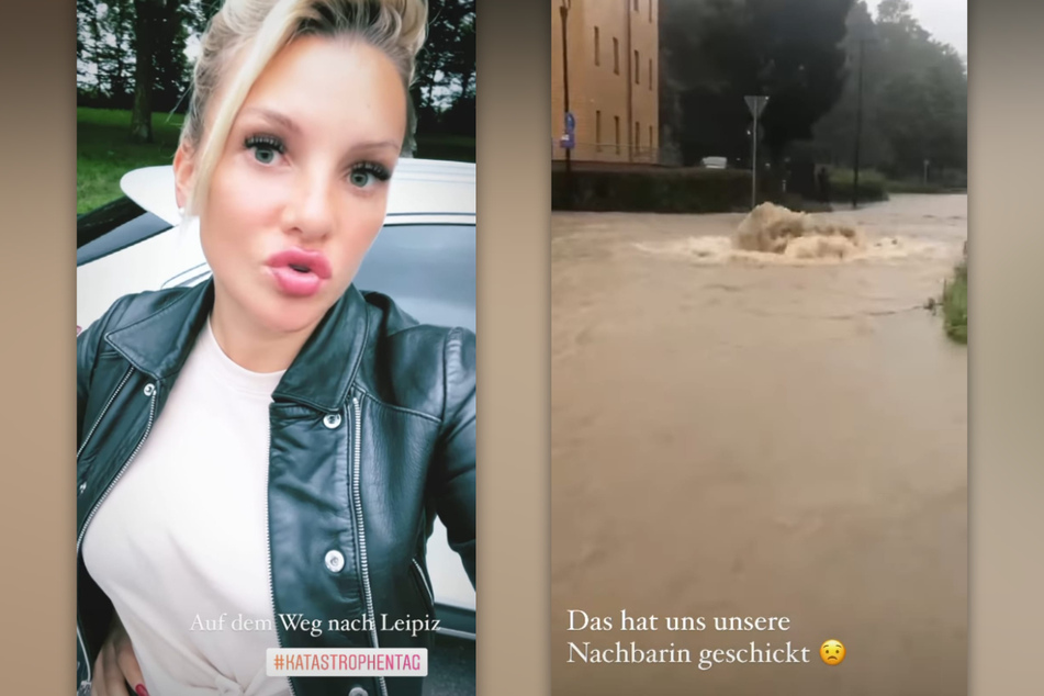 Evelyn Burdecki (32) zeigt sich in einer Instagram-Story bestürzt über das Wetter-Chaos in NRW und teilt ein Video einer Nachbarin, in dem eine komplett überlaufene Straße zu sehen ist. (Fotomontage)
