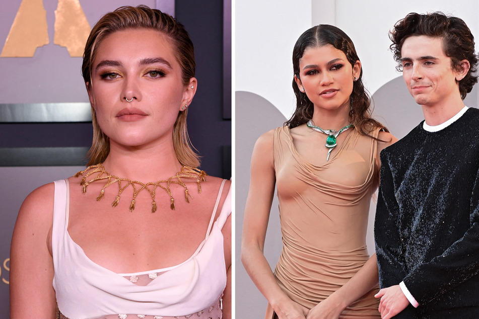 Florence Pugh (l) dished about working with and befriending Zendaya and Timothée Chalamet (r) in a new interview.