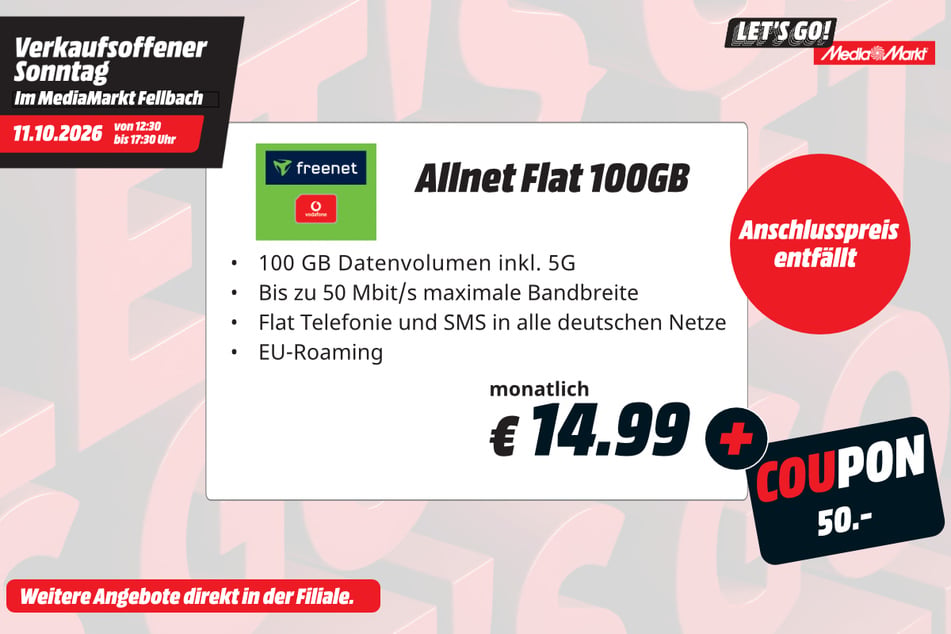 freenet-Tarif abschließen, Coupon in Höhe von 50 Euro erhalten.