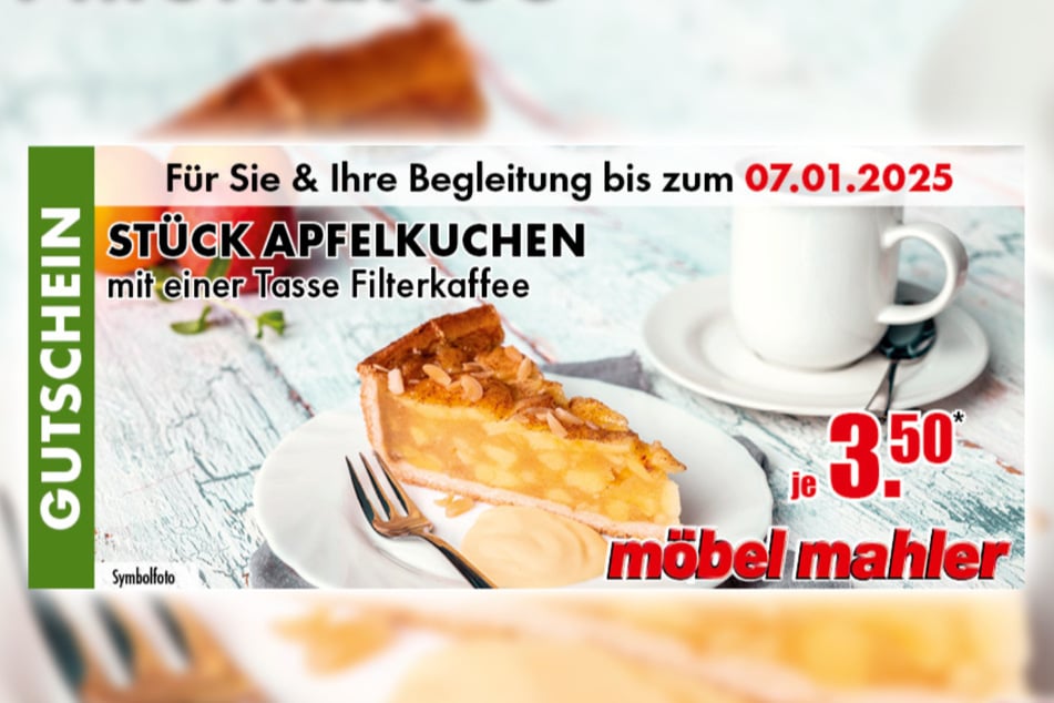 Den Coupon einfach auf dem Handy mit geöffneter Website an der Kasse vorzeigen, sparen und Apfelkuchen genießen.