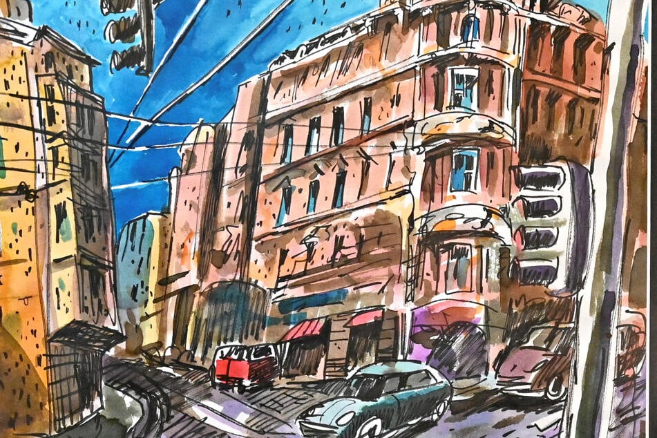 Dieses Aquarell von Jörg Kraut hält schwungvoll die Kreuzung Bautzner/Rothenburger Straße in knalligen Farben fest.