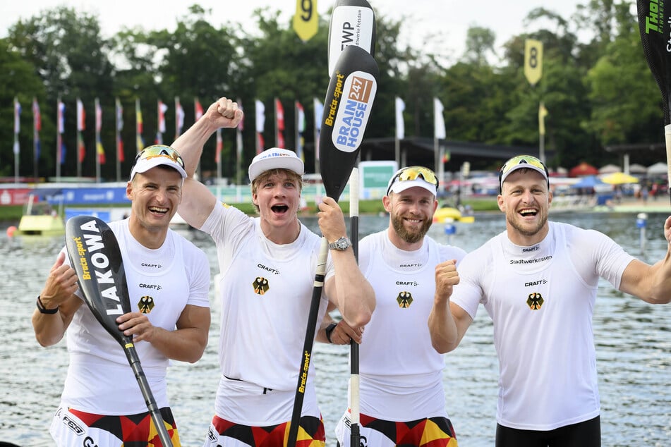 Jubeln Tom Liebscher-Lucz (v.l.), Jacob Schopf, Max Lemke und Max Rendschmidt am Sonnabend so über Gold?