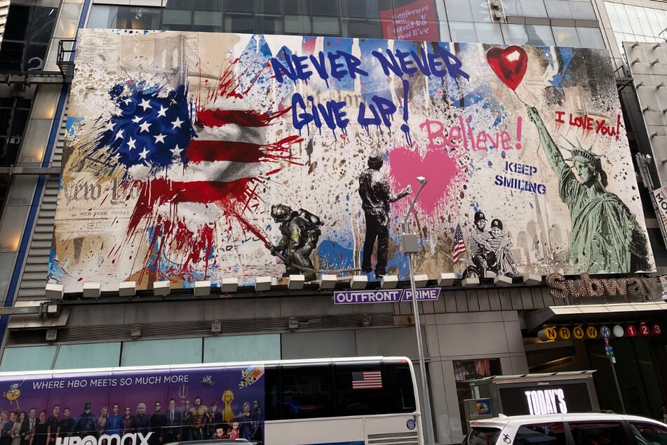 Large billboards hung outside of NYC theaters and concert venues, which would normally announce touring acts, encouraged New Yorkers to not give up during the early days of the pandemic.