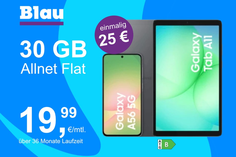 Das Samsung Galaxy A56 + Tab A11 im Blau Allnet L für einmalig 25 Euro.