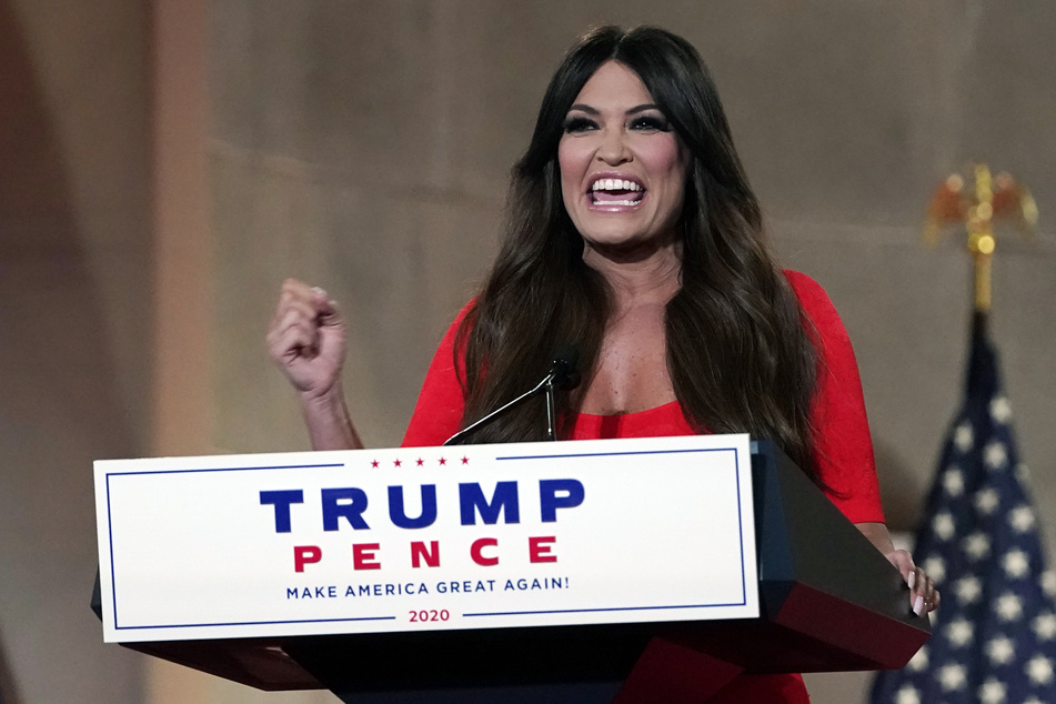 Kimberly Guilfoyle, girlfriend of Donald Trump Jr. and former district attorney, shouts during the Republican Convention.