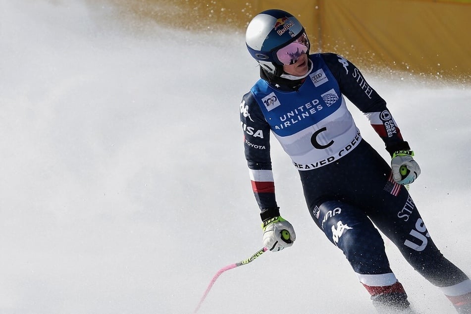 Lindsey Vonn crosses the finish line in the Audi FIS Alpine Ski World Cup Women's Downhill Training at Beaver Creek Resort on December 11, 2024.