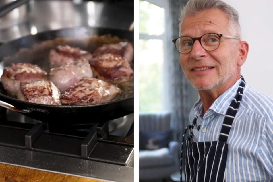 "Das perfekte Dinner"-Kandidat Reiner (59) brät Hirschrücken-Portionen in der Pfanne und gerät dabei in Stress.