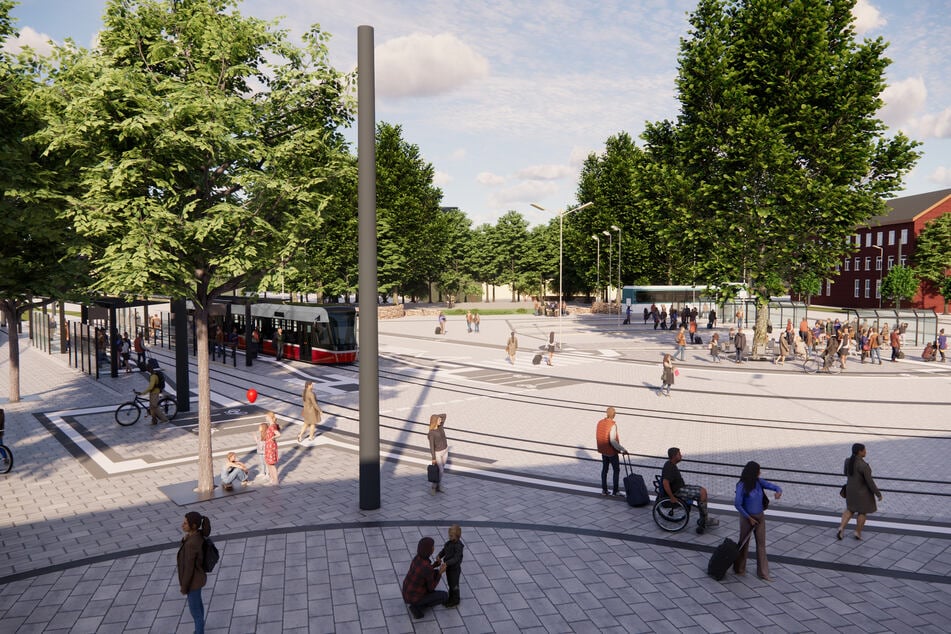 So könnte Zwickaus Bahnhofsvorplatz nach dem Umbau aussehen: Ab 2030 soll hier der Linienbetrieb laufen.