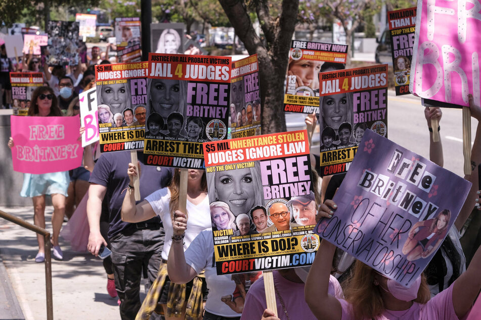 Free Britney supporters rally outside the Stanley Mosk Courthouse during a hearing on Britney Spears conservatorship on Wednesday, July 14, 2021, in Los Angeles, California.