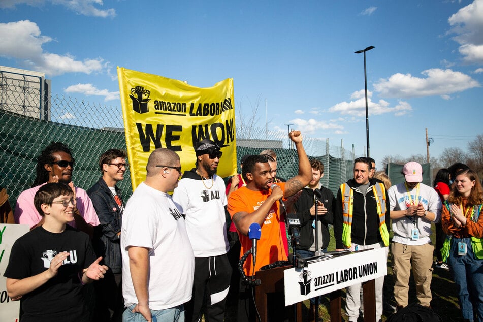 Amazon Labor Union leaders a press conference to celebrate their union victory at the JFK8 warehouse, on April 8, 2022.