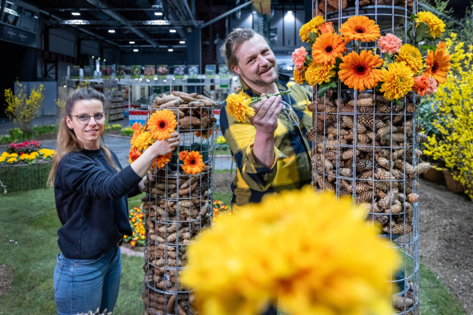 Die Blumenprofis Susann Leichsenring (38) und David Gehrisch (46) bestücken Gabionen mit Blumen.