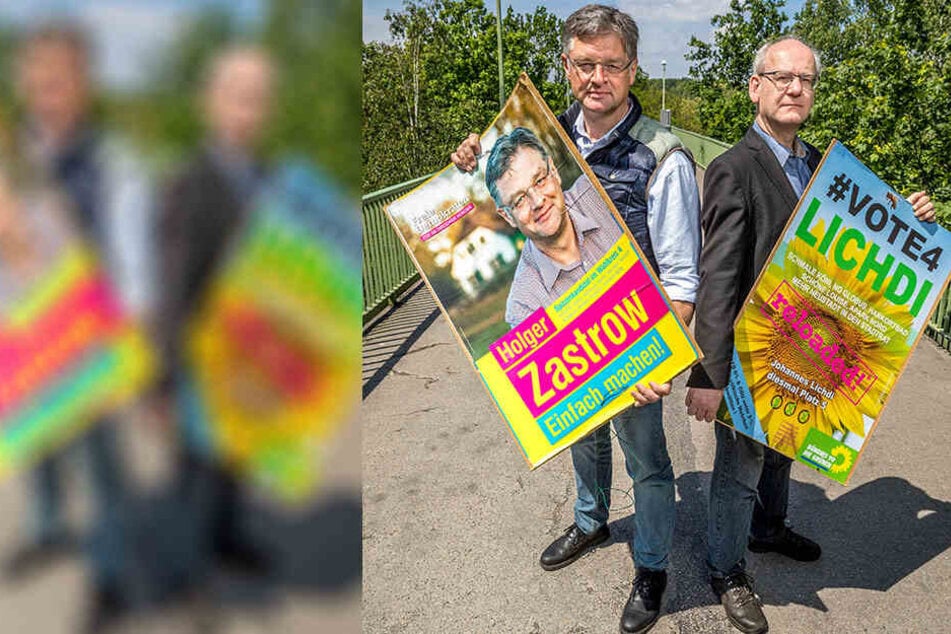 Holger Zastrow (50) und Johannes Lichdi (55) auf der Fußgängerbrücke über die Königsbrücker Straße - die Grenze zwischen den Wahlkampfgebieten der beiden.