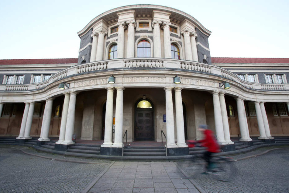 Eine Frau fährt mit einem Fahrrad an dem Hauptgebäude der Universität Hamburg vorbei.