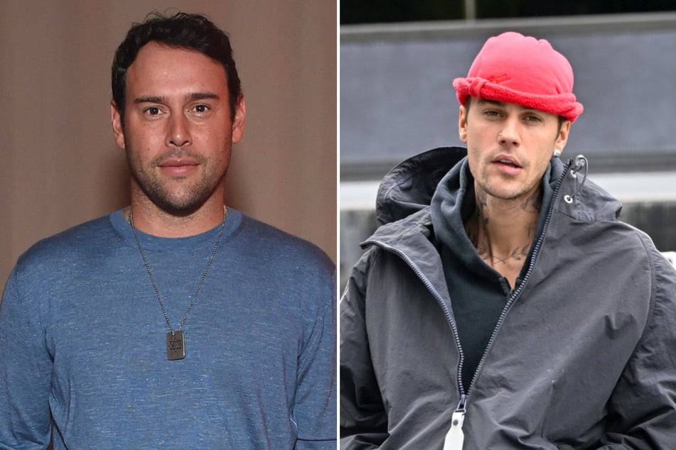 Justin Bieber (r.) allegedly owes former manager Scooter Braun $8.8 million over his canceled 2022 tour.