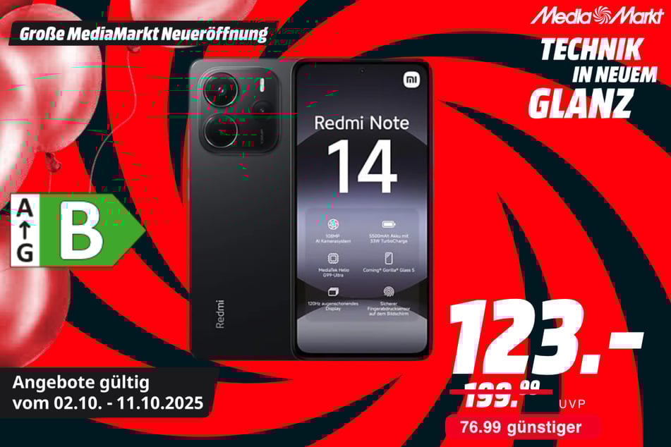 Xiaomi Redmi Note 14 (128 GB) für 123 statt 199,99 Euro.