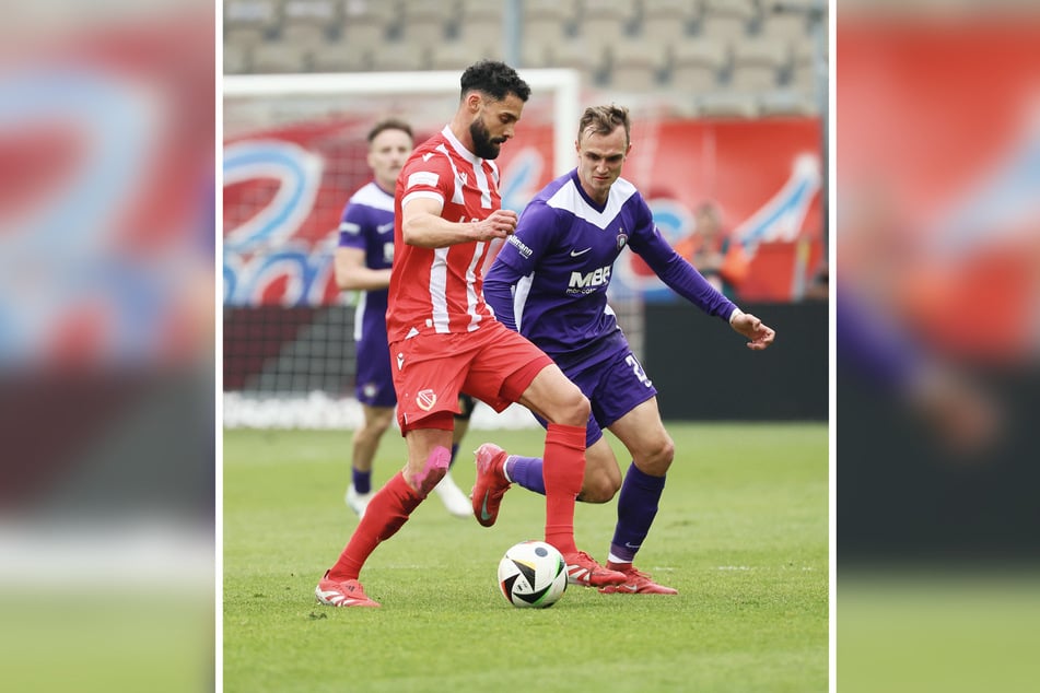 Joshua Putze (v.) im März als Cottbuser im Heimspiel gegen Aues Kilian Jakob in Aktion.