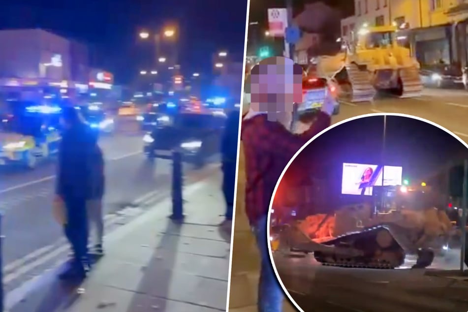 Planierraupen-Rowdy heizt durch Stadtzentrum mit Polizei am Heck